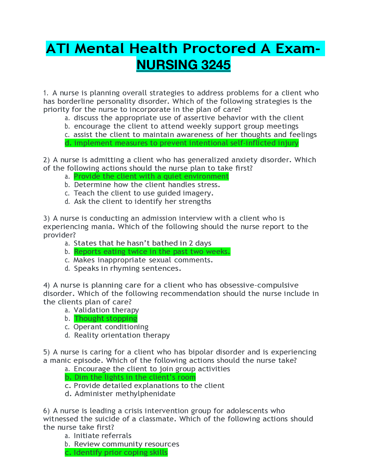 Preview image for ATI Mental Health Proctored A Exam- NURSING 3245.pdf